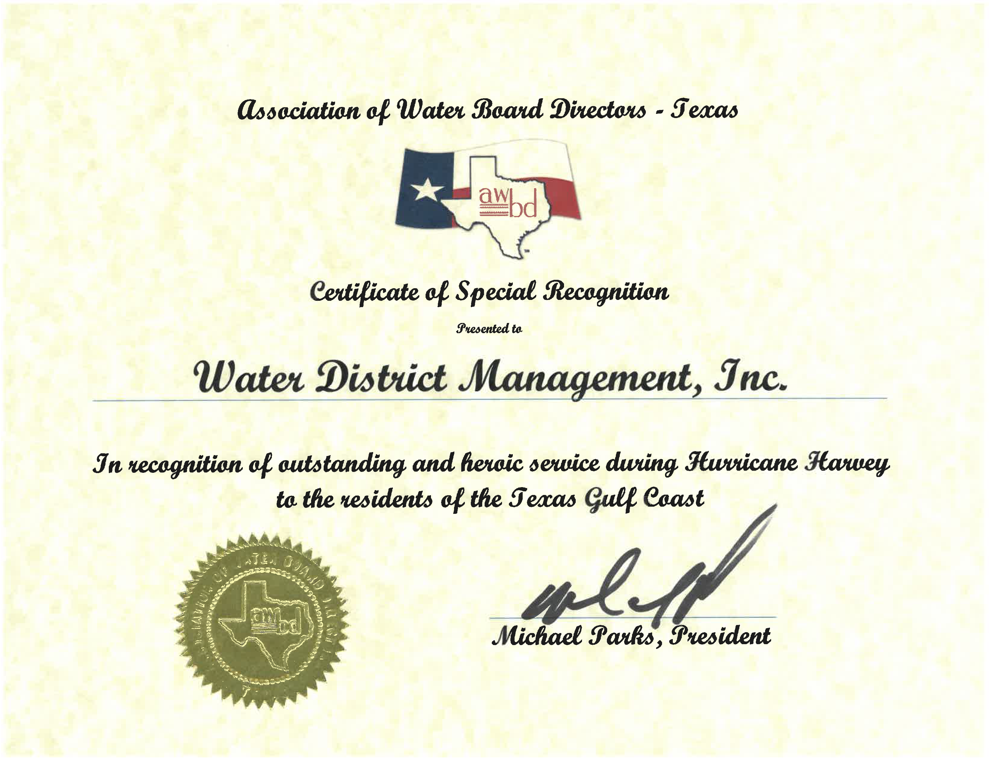 WDM Hurricane Harvey Responder Certificate
